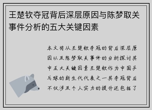 王楚钦夺冠背后深层原因与陈梦取关事件分析的五大关键因素